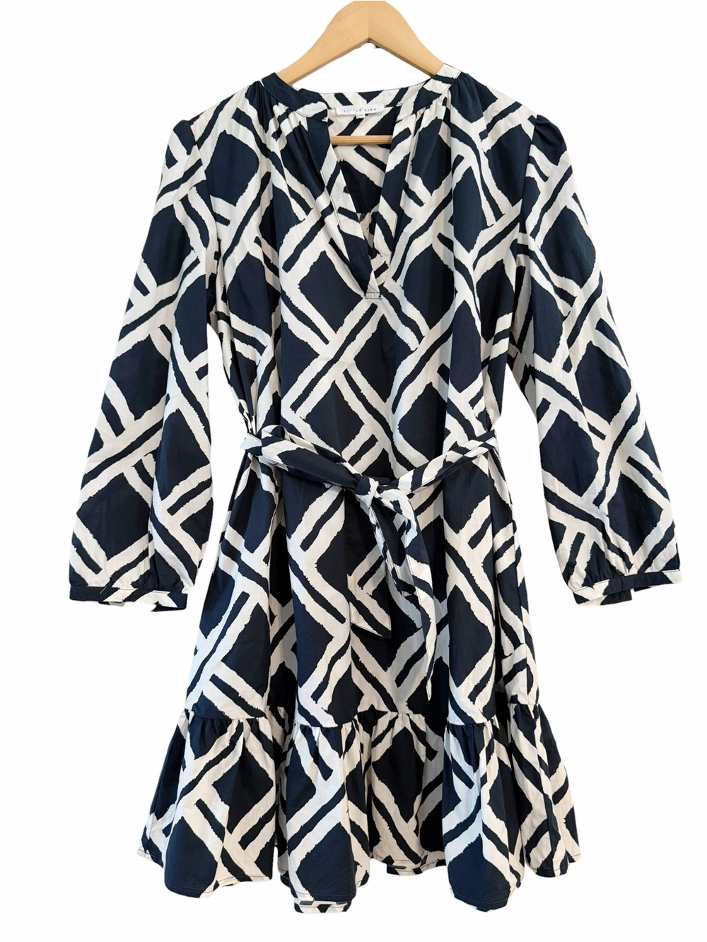 ANTHROPOLOGIE Little Lies Dress Ruffle Hem Long Sleeve VNeck Tie Belt Size Large